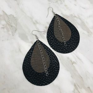 Chunky black/brown faux leather tear drop earring